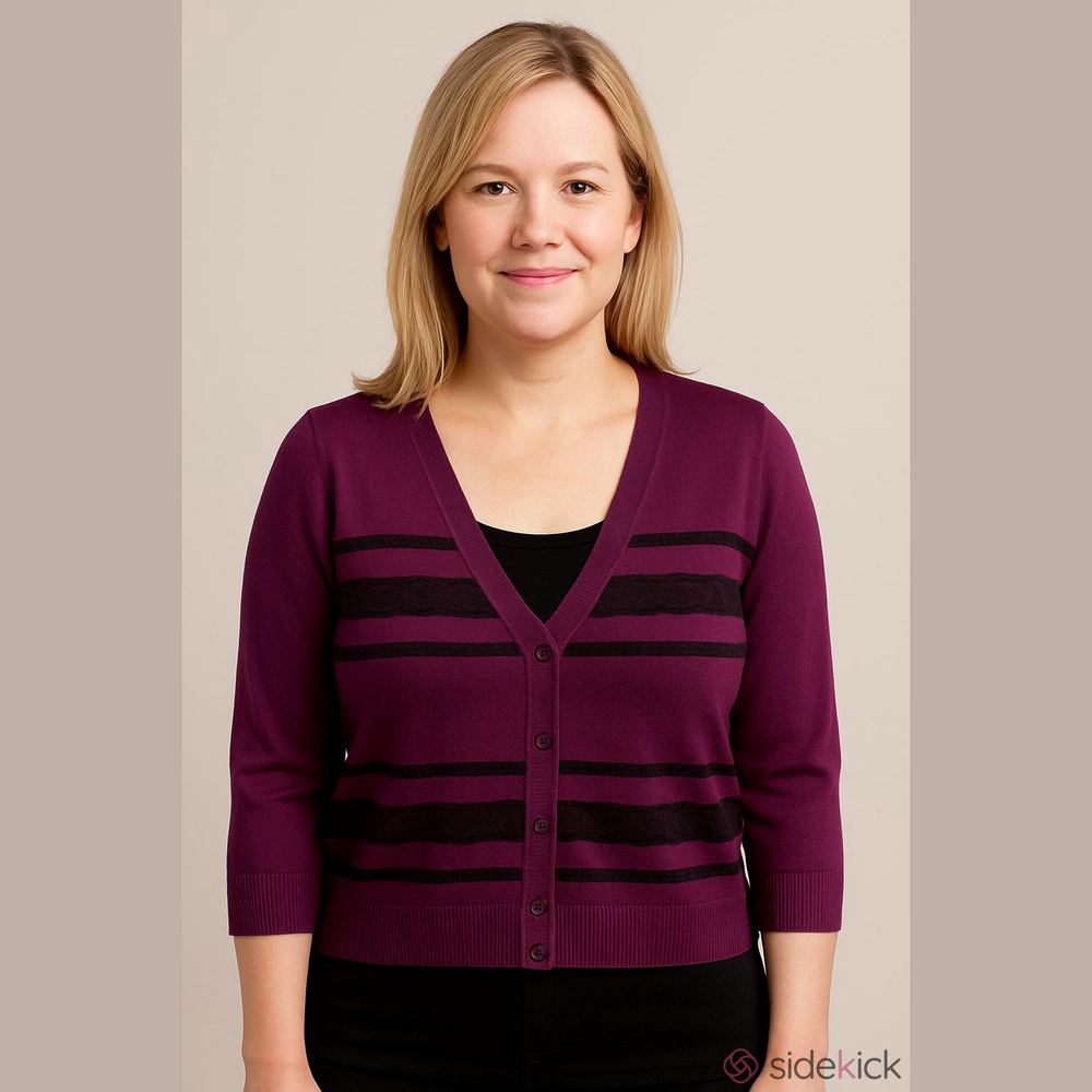 Lane Bryant Cropped Cardigan Sweater 18 Plum Purple Black Lace Knit 3/4 Sleeve